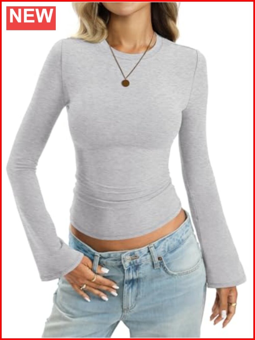 Women Cotton Bell Sleeve Fitted Crew Neck Top Long Sleeve Blouse
